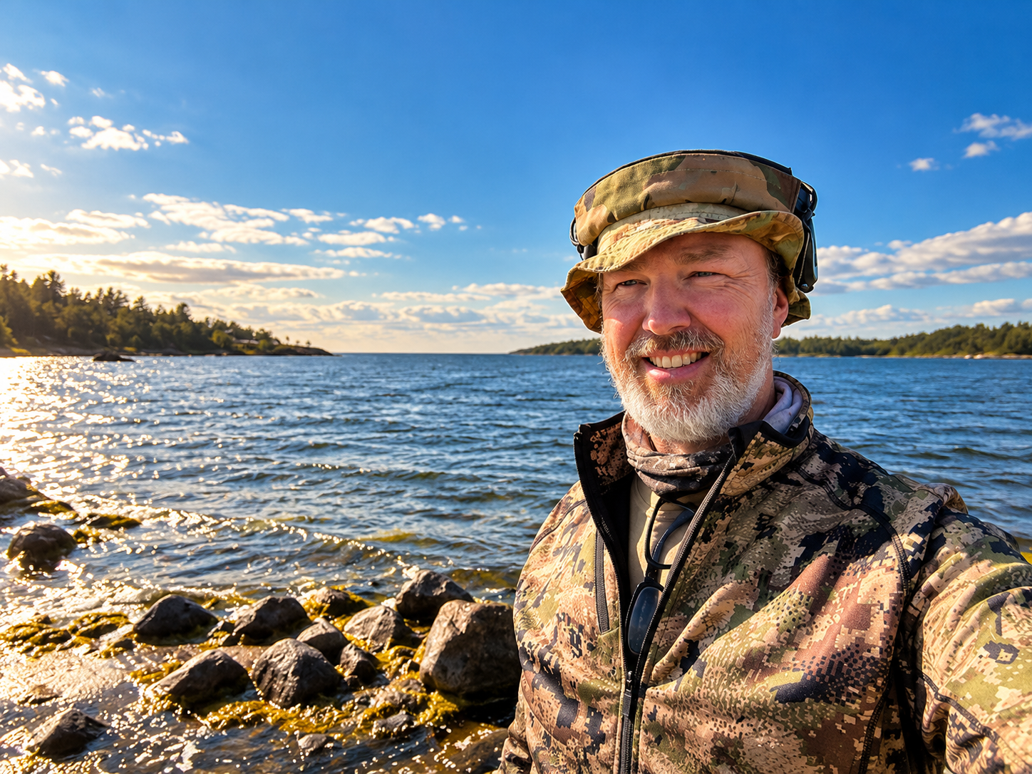Andreas Norin, filmare och fotograf bakom Lindroth & Norin, vid en solbelyst skärgårdskust i jaktkläder.