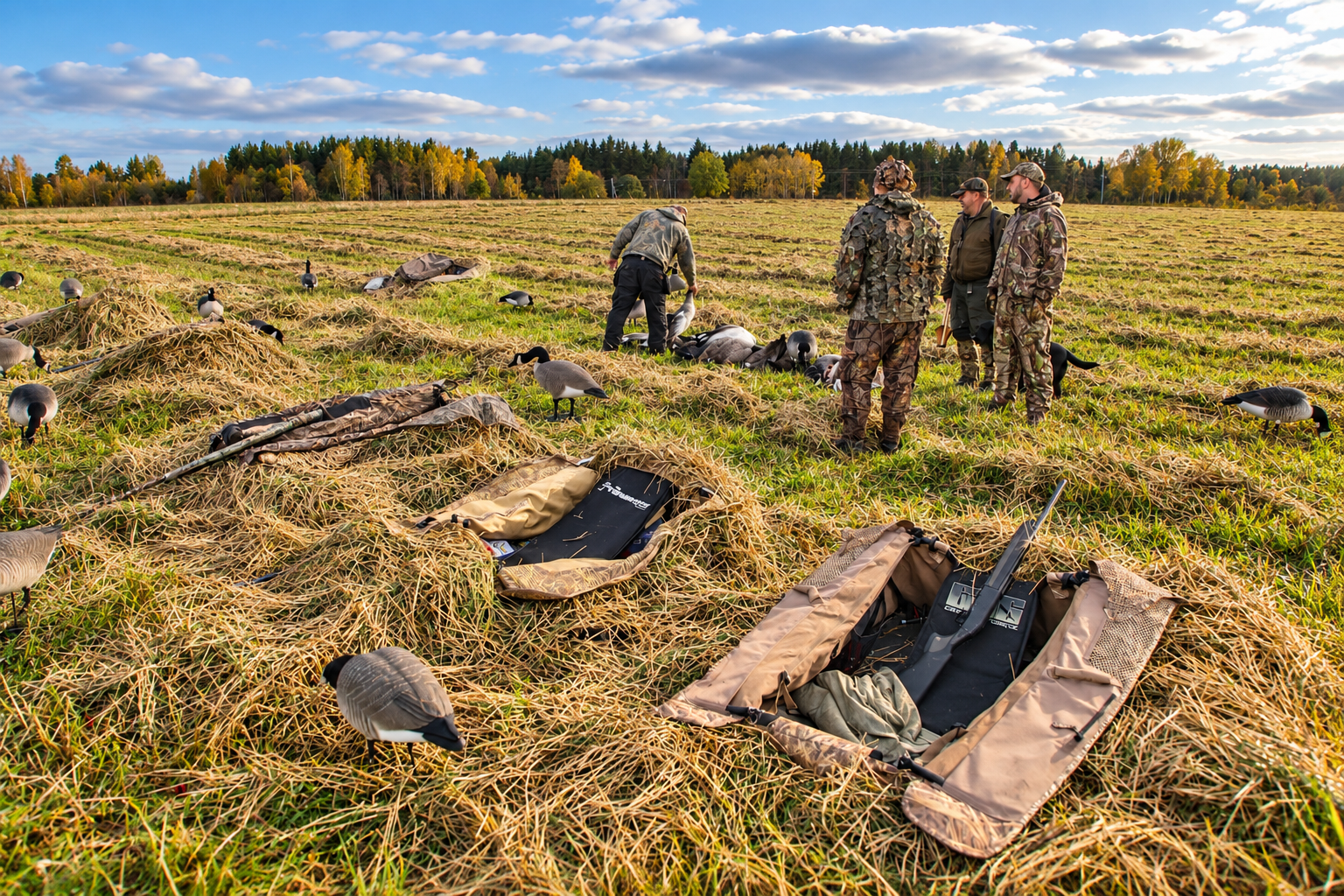 Liggömsle för gåsjakt, kamouflerat med vegetation på ett fält.