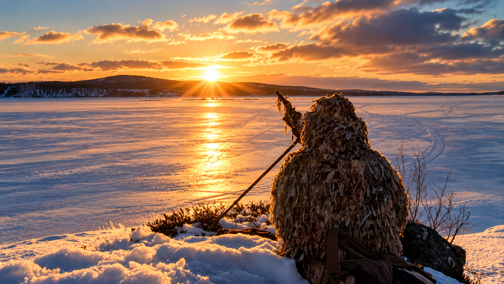Rävlock med Ulf Lindroth, kamouflerad jägare som spanar över en frusen sjö i vintersolnedgång.