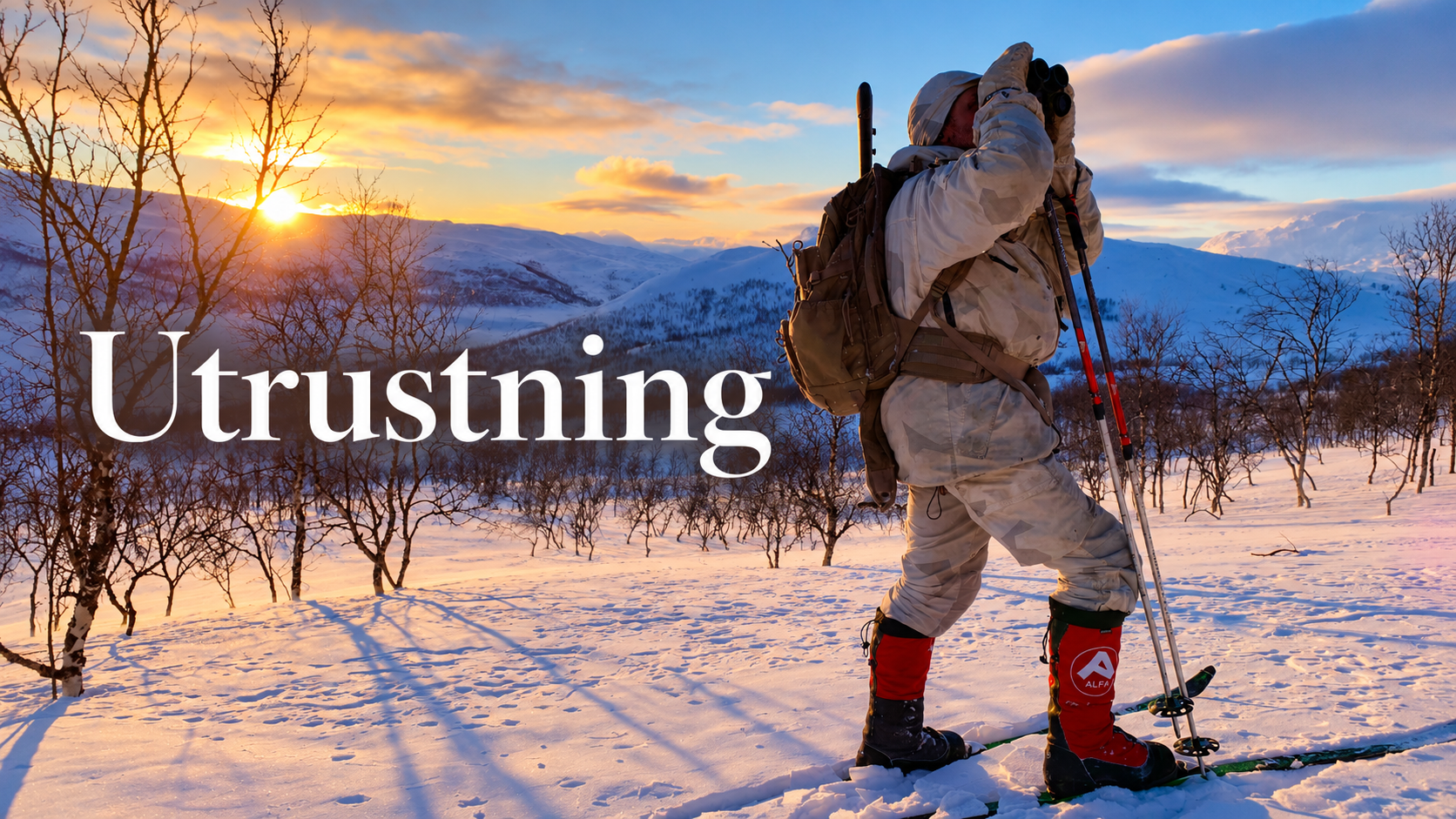 Jägare med kikare och ryggsäck i snötäckt fjällmiljö. Läs Ulf Lindroths utrustningstips och tester av jaktutrustning.