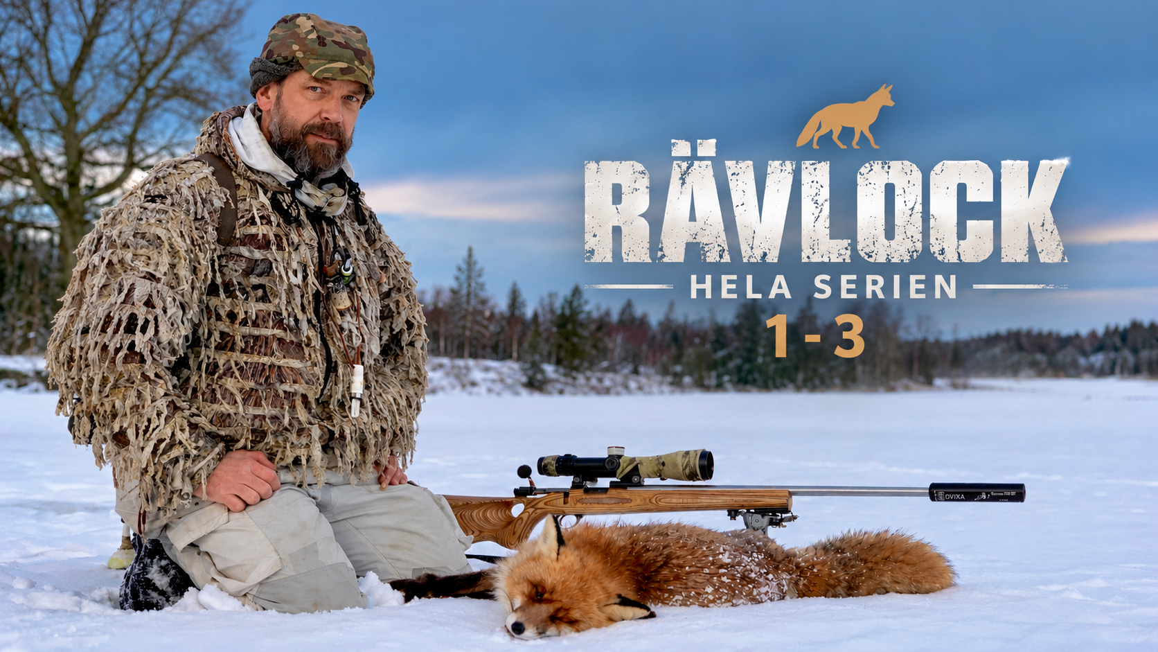 Rävlock – hela serien 1–3 med Ulf Lindroth, sittande i snön med en fälld räv och jaktgevär.