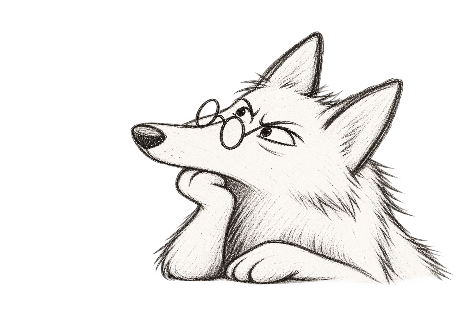 Sketch of Colo, a thoughtful wolf wearing round glasses and resting her chin on her paw.