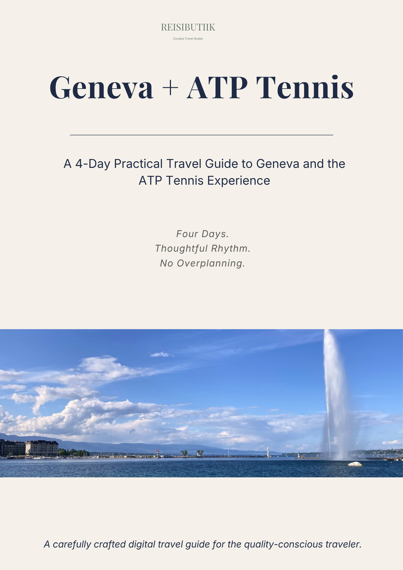 Cover of the Geneva + ATP Tennis travel guide, featuring Lake Geneva and the Jet d’Eau.