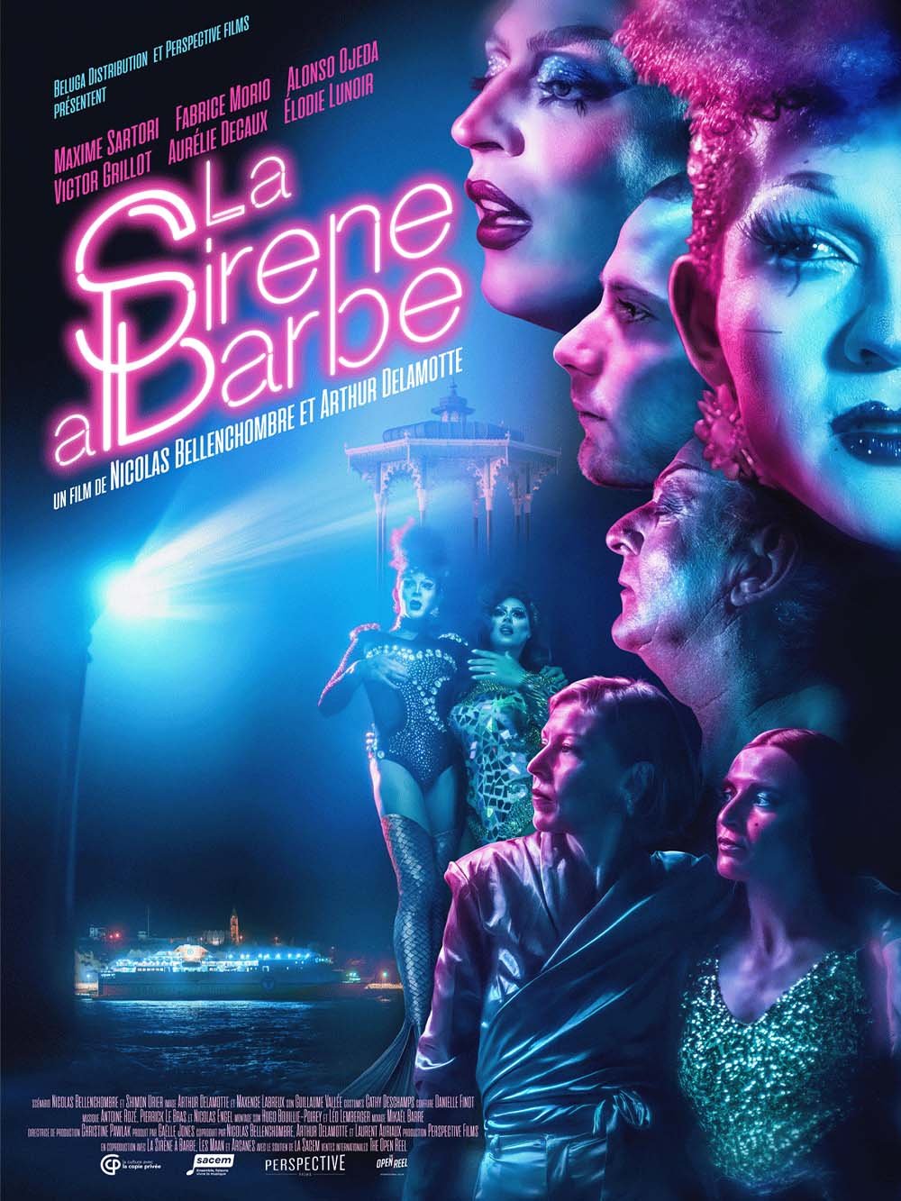 Affiche de film pour 'La Sirène à Barbade', montrant plusieurs personnages féminins et masculins avec un fond nocturne de Londres avec la City Hall, en style néon.