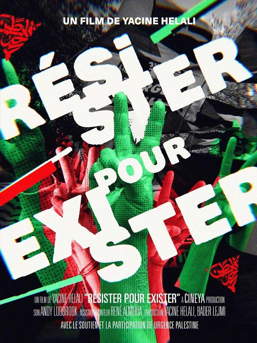 Affiche de film avec mains en couleurs vert et rouge faisant le signe de la paix, texte en français sur un fond noir avec éléments graphiques