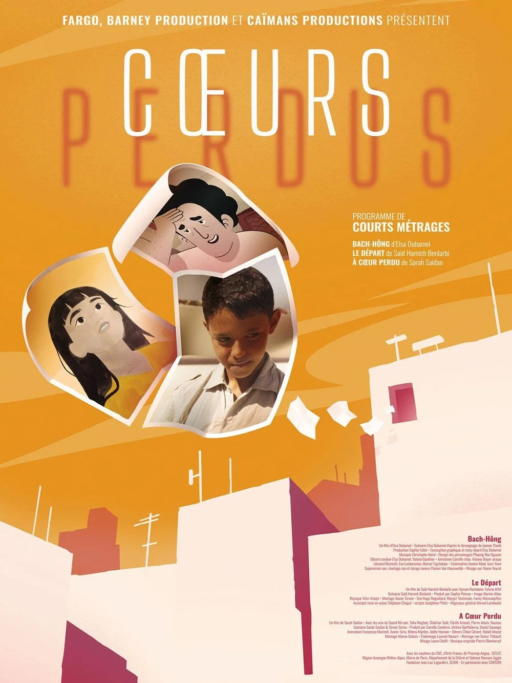 Affiche de film intitulée « Cœurs », présentant des images de personnages illustrés et un garçon real, avec un fond orange.