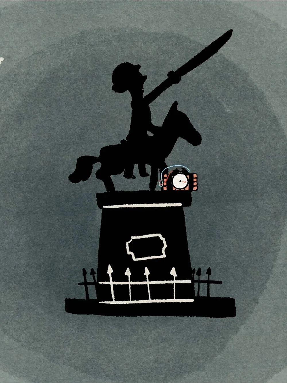 Silhouette d'une statue de chevalier en position héroïque, tenant une lance, avec un oiseau et une świe d'une petite boîte sur la base, illustration de style cartoon.