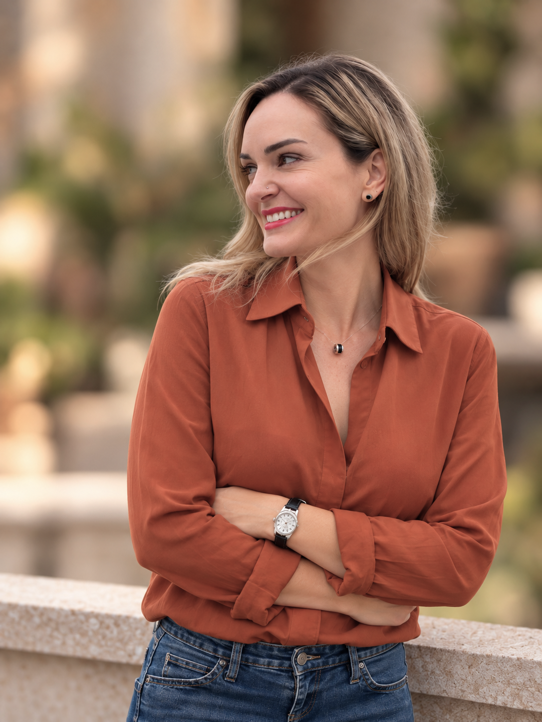 Une femme souriante avec des cheveux blonds, portant une chemise en toile de couleur rouille, un collier noir et argent, une montre et un jean, debout devant un fond flou d'automne.