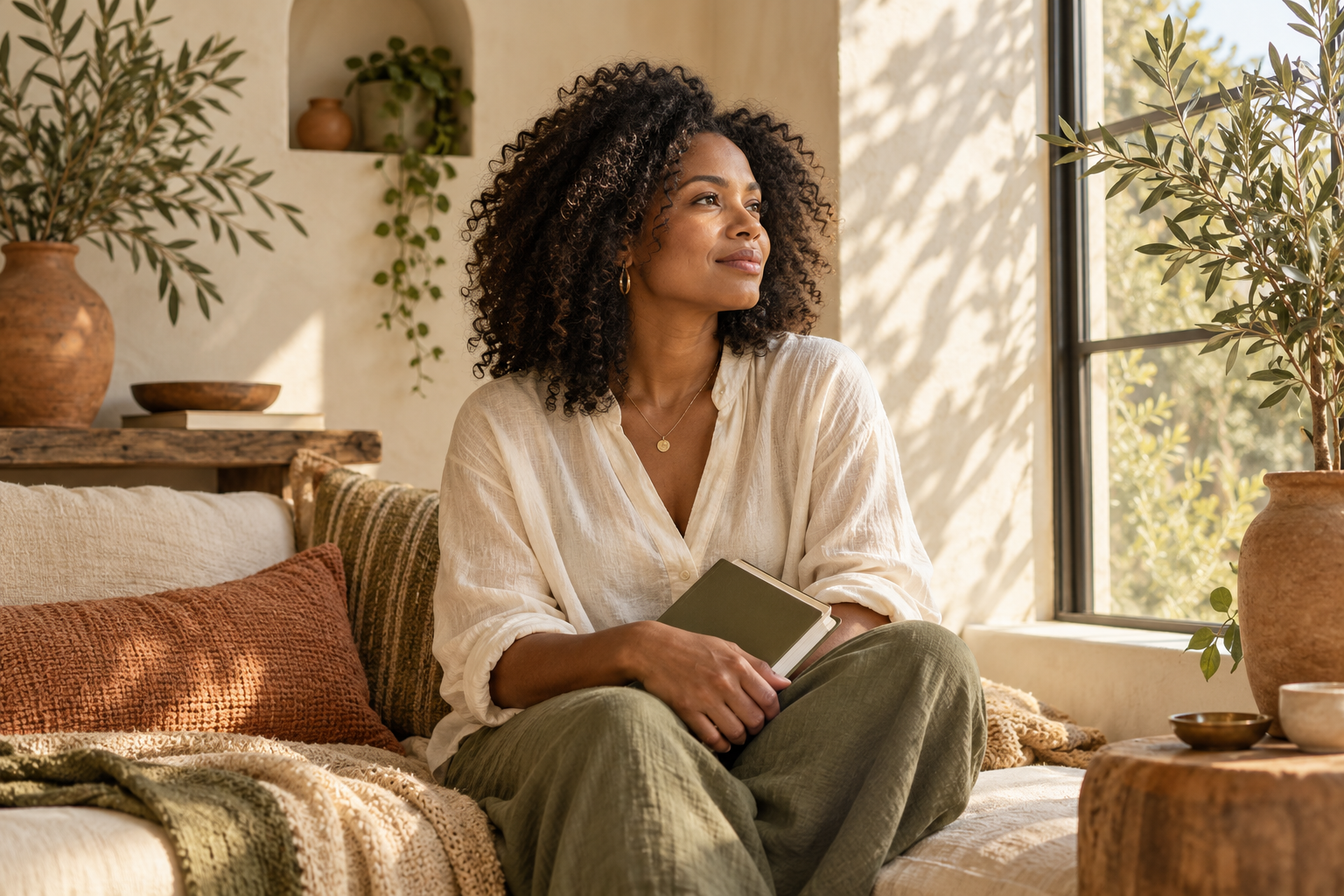 A woman with curly hair and gold jewelry sitting on a cozy sofa by a window, holding a closed notebook, with plants and natural decor around her in a warmly lit room.