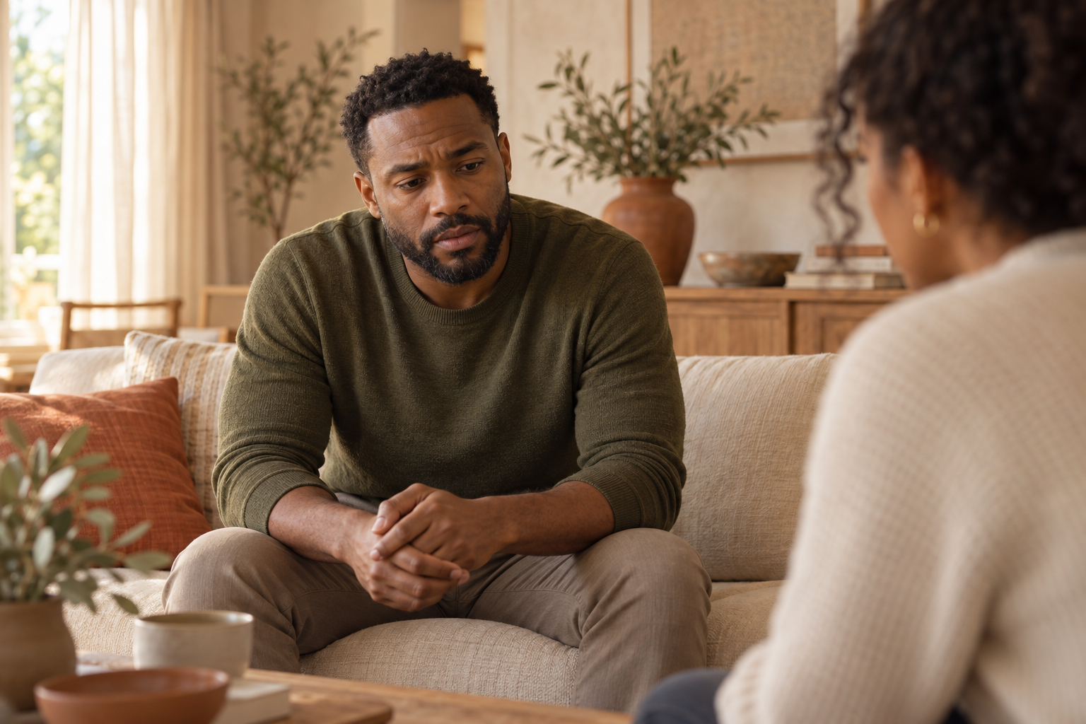 A man and woman sitting on a beige couch having a serious conversation in a warmly lit living room with plants and decorative items.