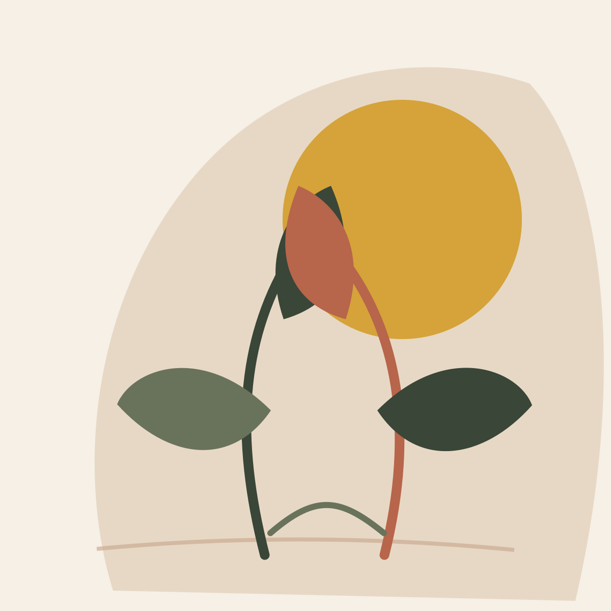 Abstract illustration of a stylized sunflower with green leaves against a beige background.