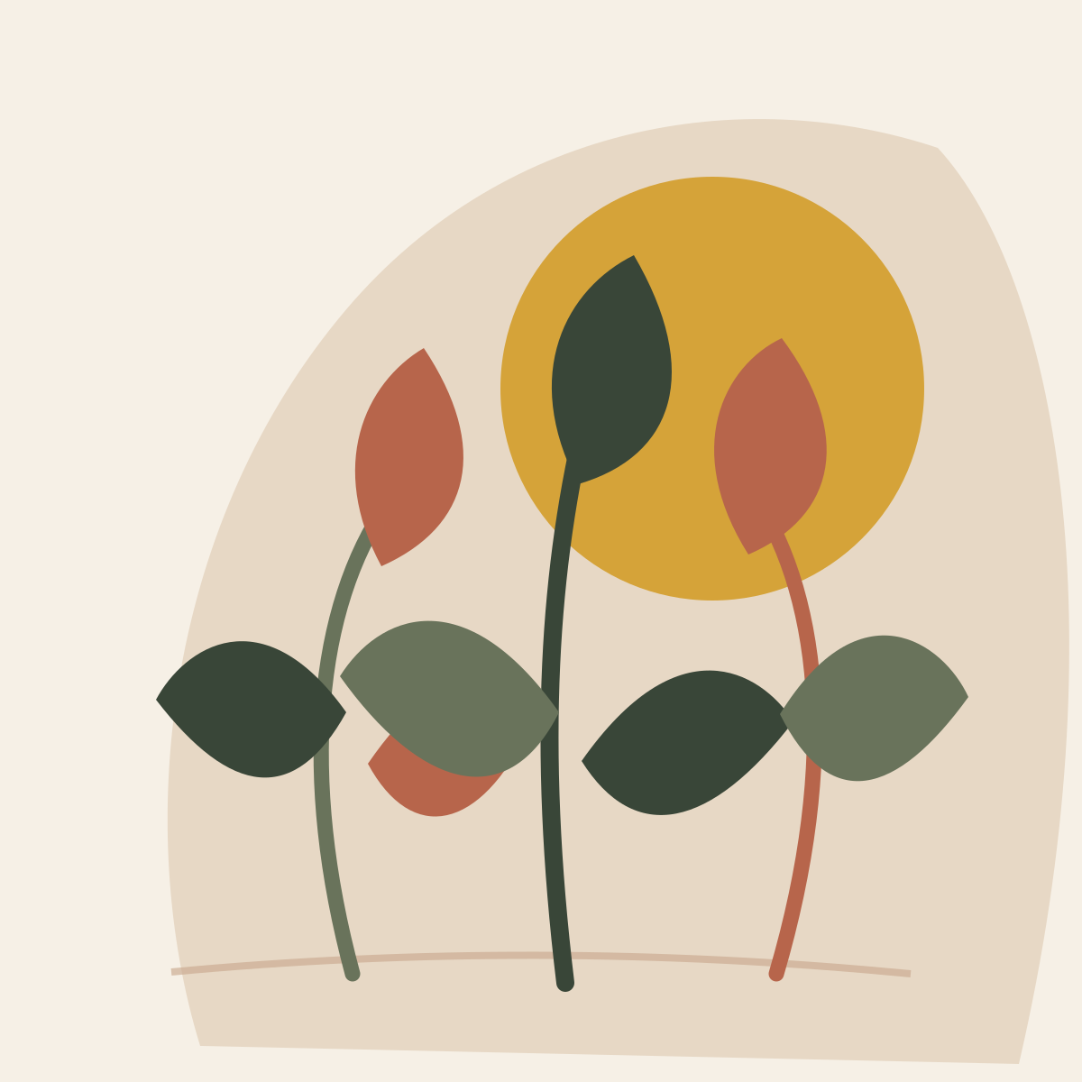 Abstract illustration of three stylized flowers with green and reddish-brown leaves against a beige background and a yellow circle.