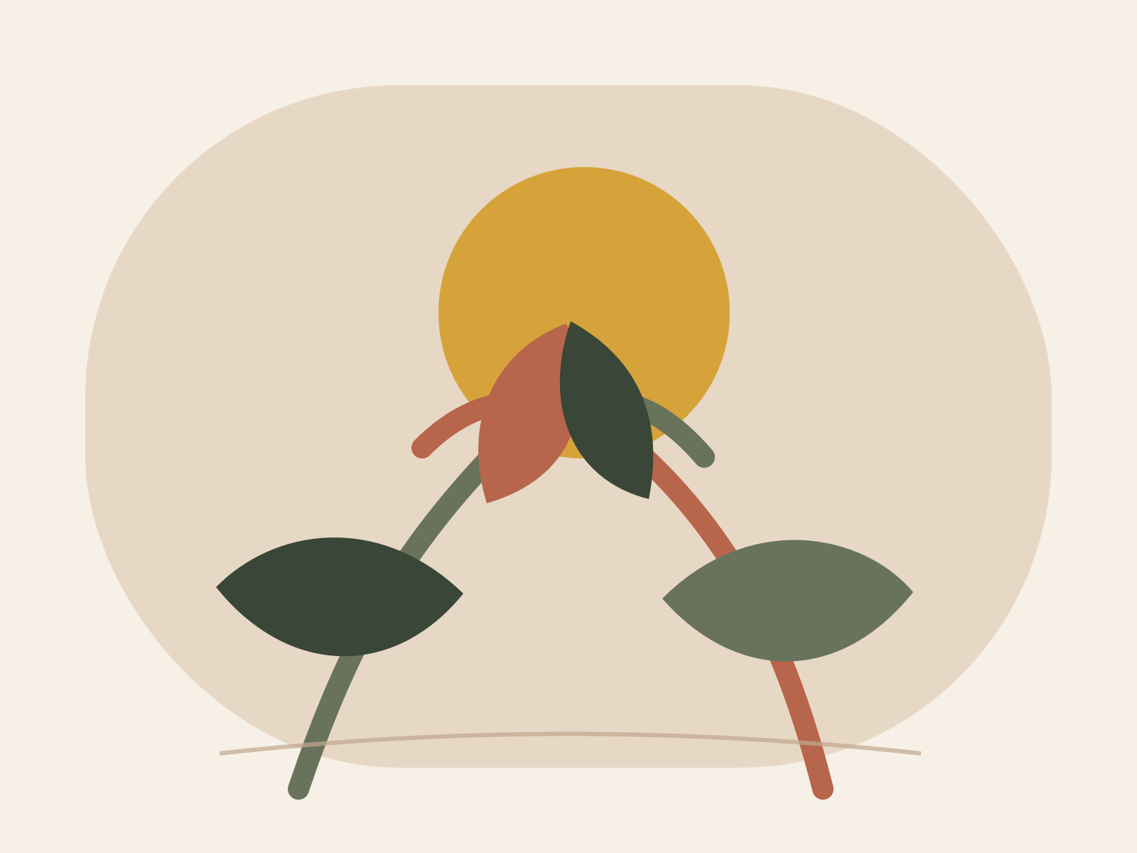 Abstract illustration of a plant with green and brown leaves, set against a beige background with a large yellow circle.