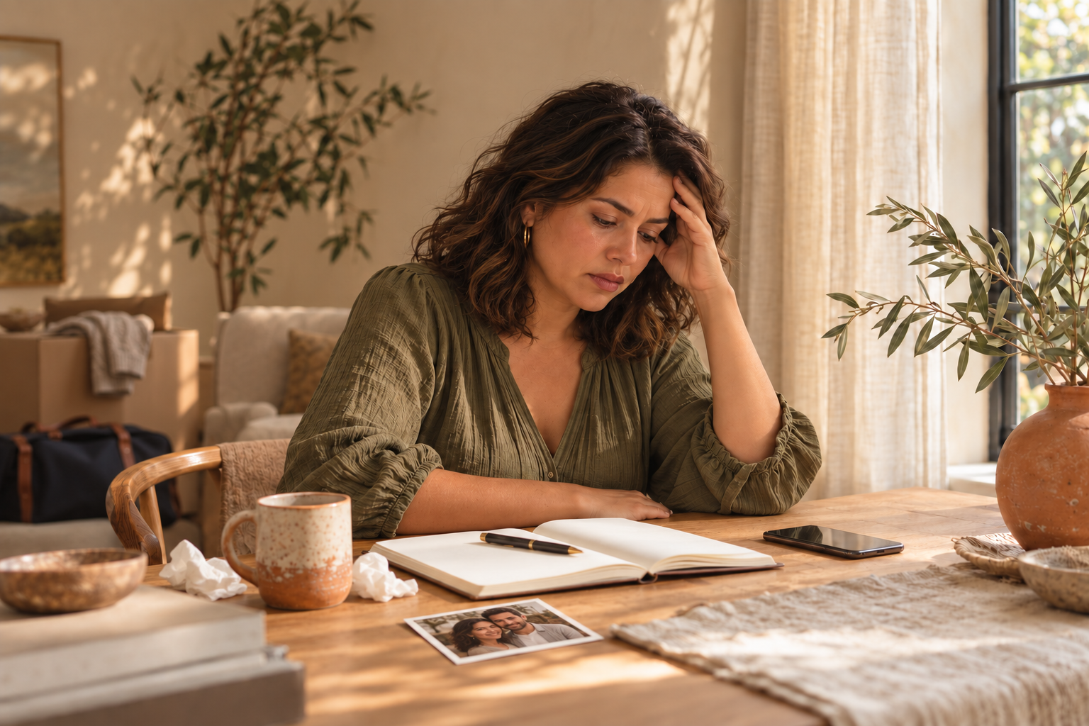 A woman sitting at a wooden table appears distressed, resting her head in her hand, with an open notebook, a pen, a photo of a smiling couple, a smartphone, and a mug on the table in a cozy, well-lit room.