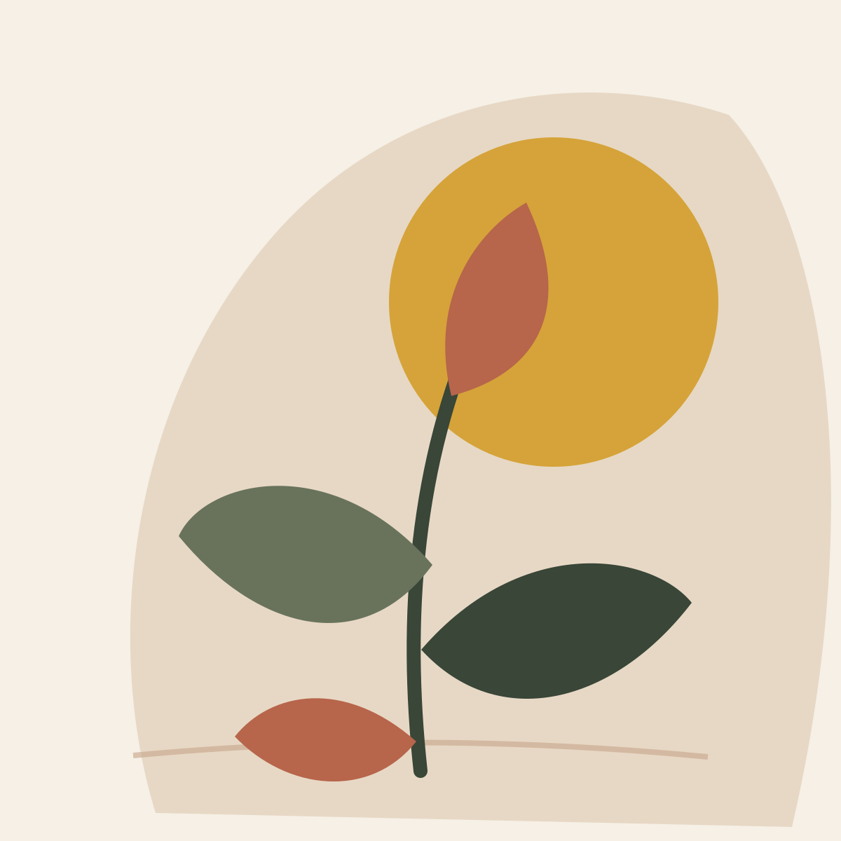 Minimalist digital drawing of a flower with a yellow bloom, green leaves, and brown accents, on a beige background.
