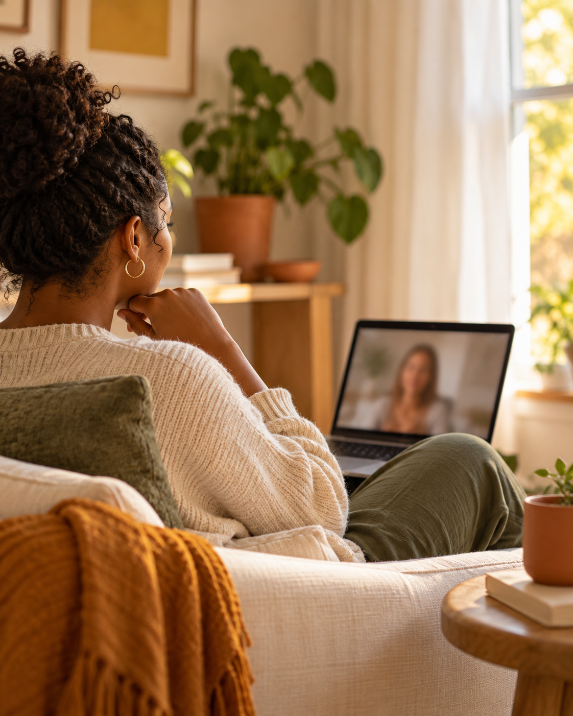 A woman with curly hair and hoop earrings is sitting on a sofa, watching a video call on her laptop inside a cozy, sunlit living room with plants and decor.