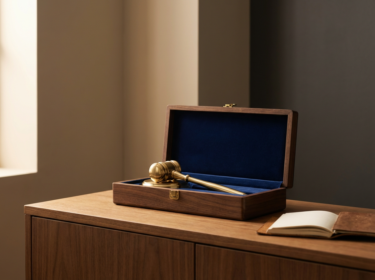 A wooden box with a dark blue interior contains a gold gavel and sound block, placed on a wooden surface next to an open notebook.