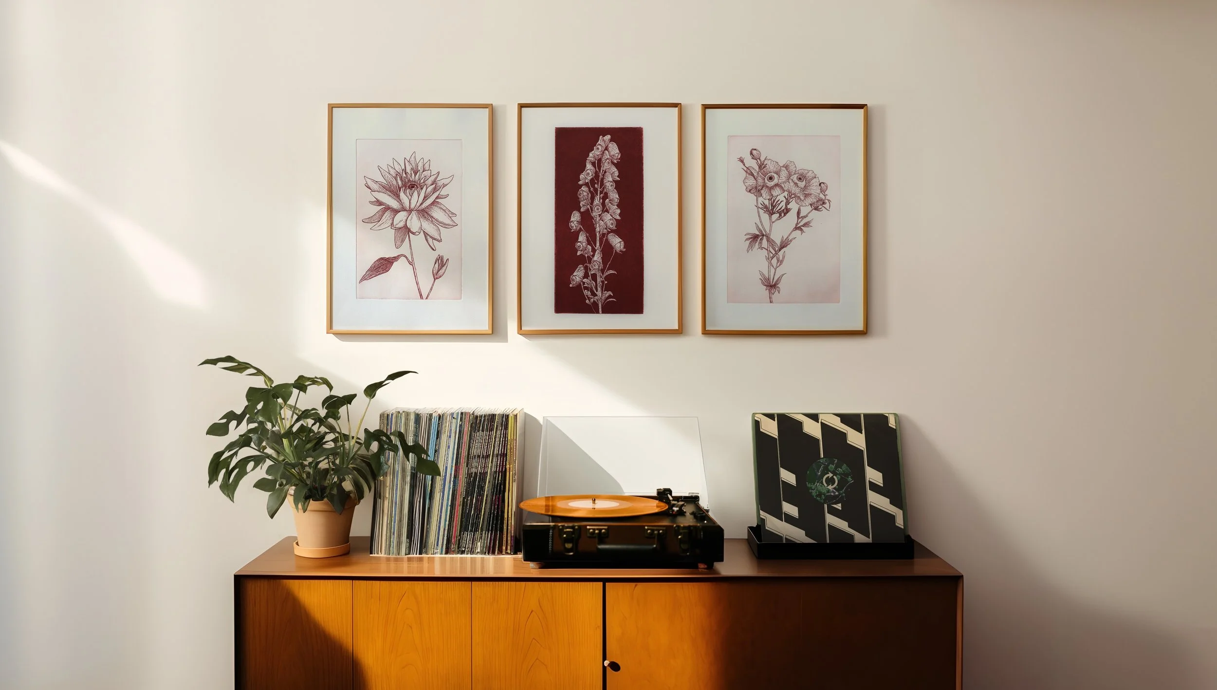 A wooden sideboard with a potted plant, a collection of vinyl records, a turntable with an orange mat, and a record holder, with three framed floral sketches on the wall above.