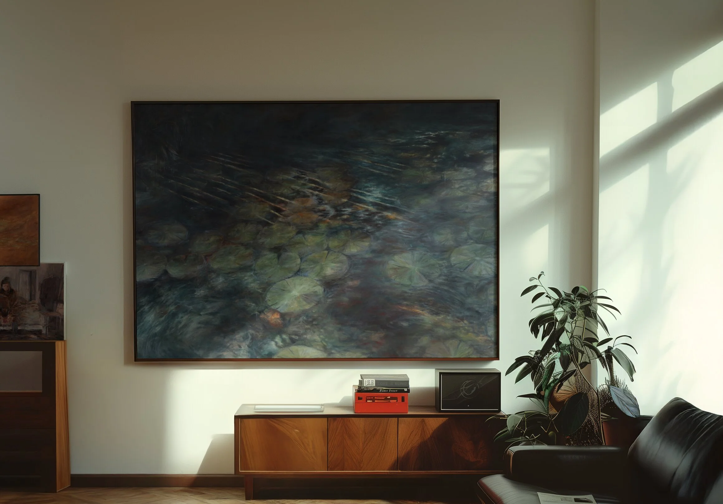 Living room with large framed landscape painting of water lilies on the wall, wooden sideboard, potted plant, books, and a black leather armchair.