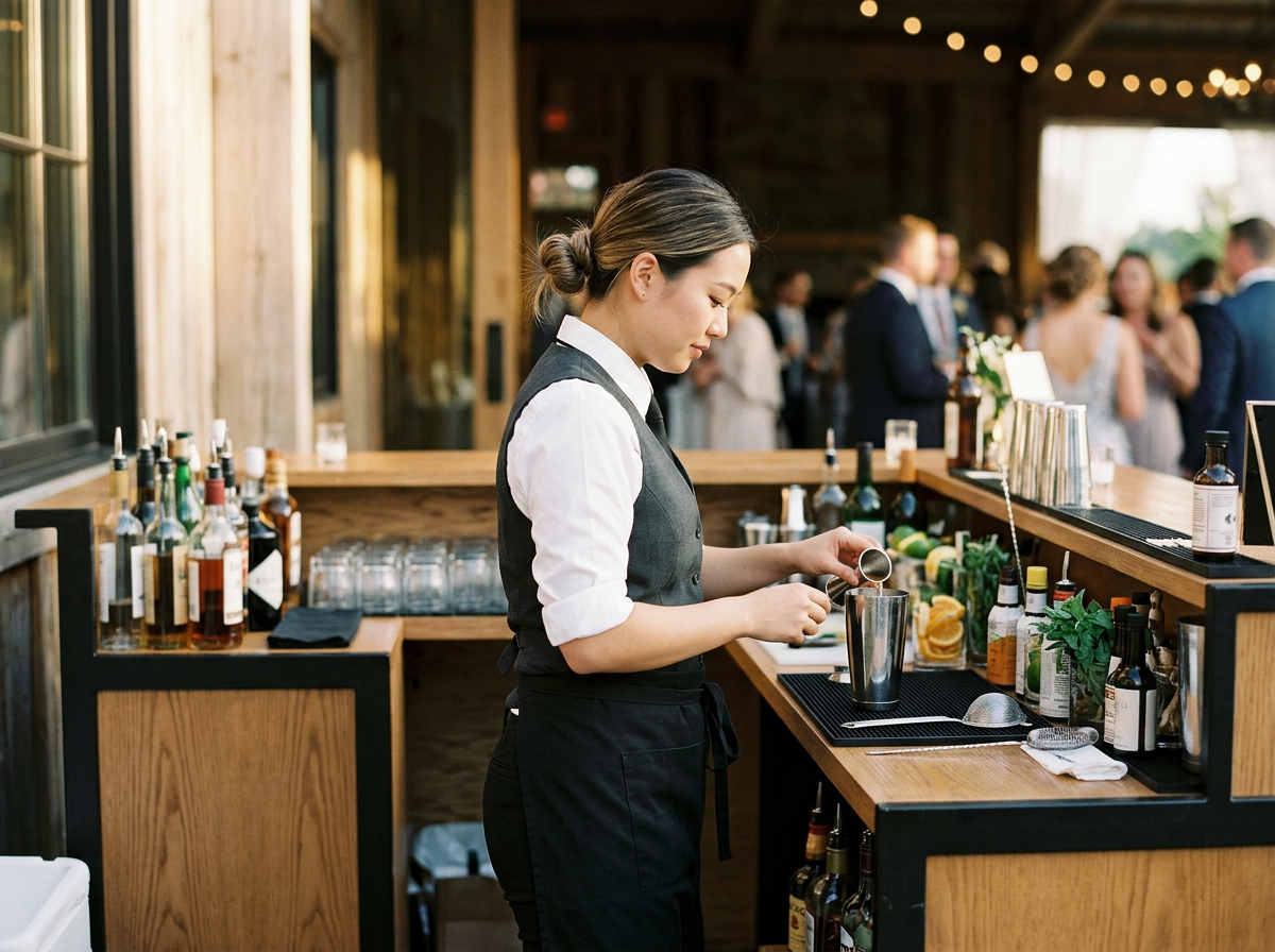 A female bartender is preparing a drink at a wooden bar with bottles of liquor, fresh herbs, and lemons, while guests socializing in the background of a rustic event space.