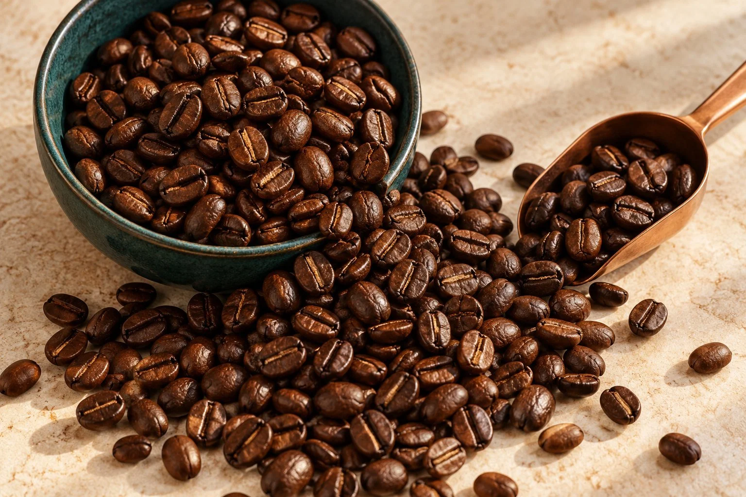Roasted coffee beans in a teal bowl with a copper scoop
