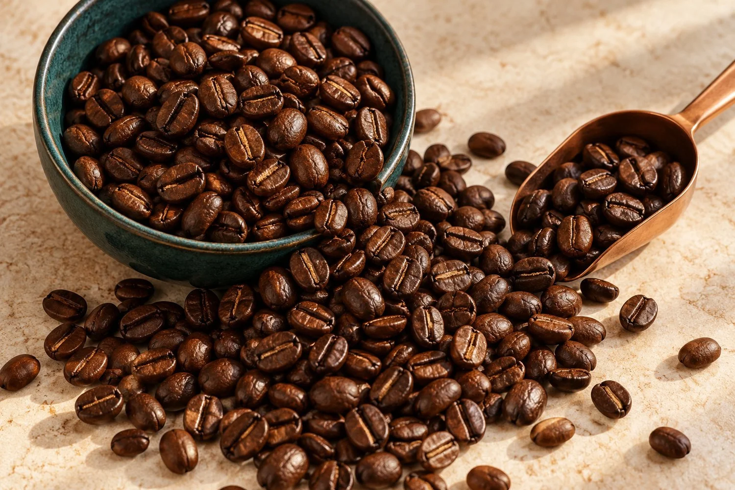 Roasted coffee beans in a teal bowl with a copper scoop