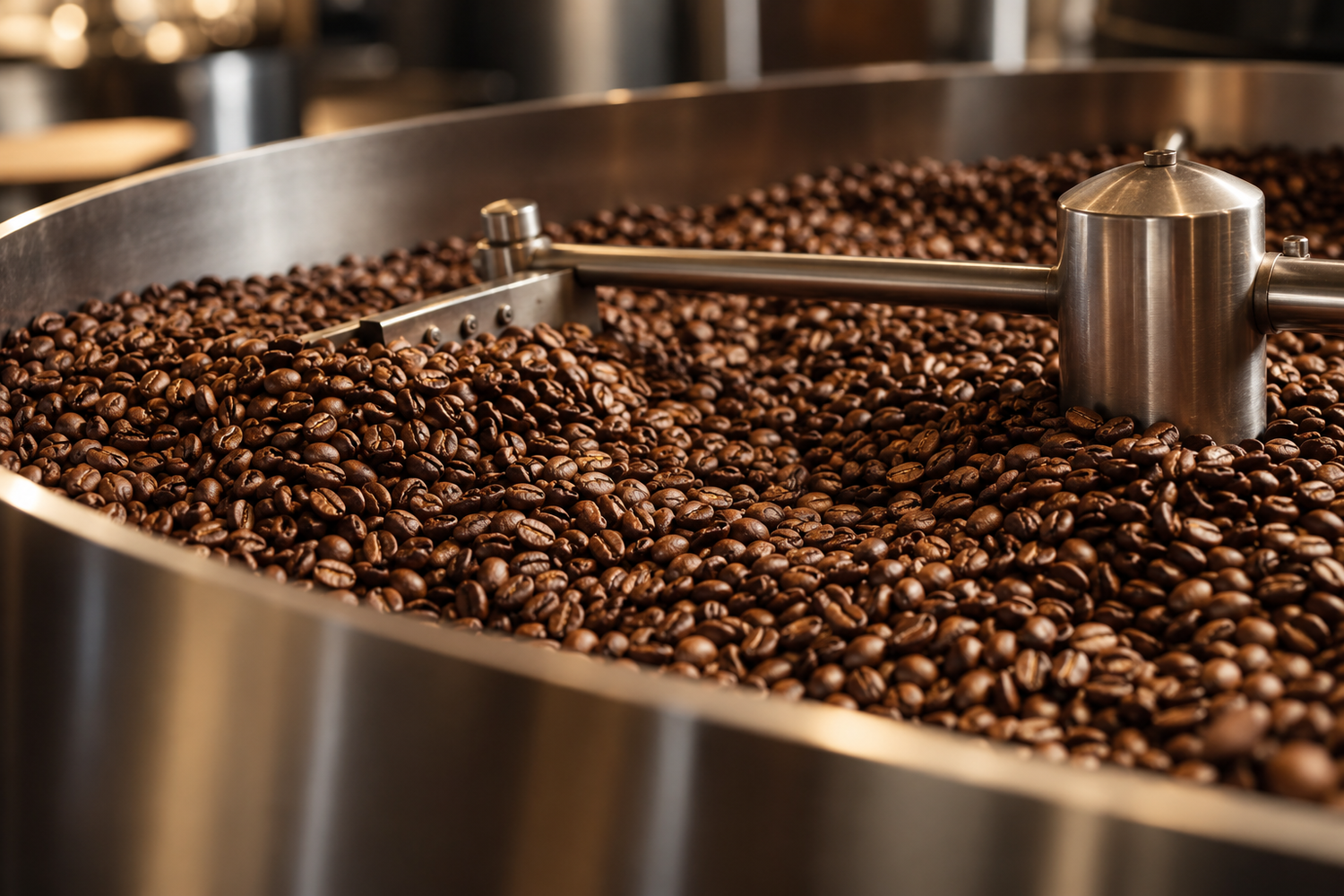 Roasted coffee beans in a cooling tray