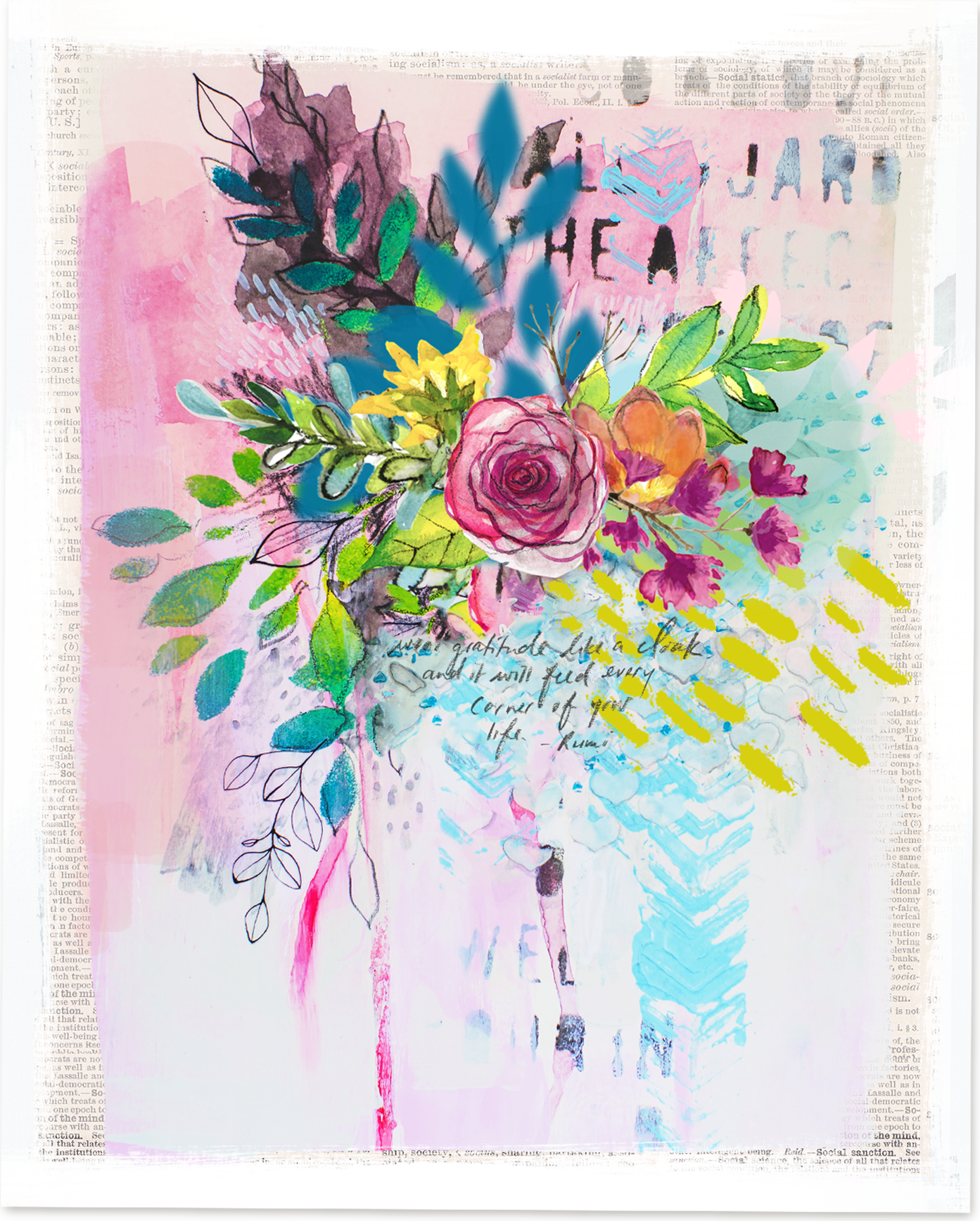 An abstract watercolor painting with a bouquet of flowers, including a pink rose, yellow blossoms, and purple flowers, overlaid with handwritten text and various colorful brushstrokes on a background of layered text.