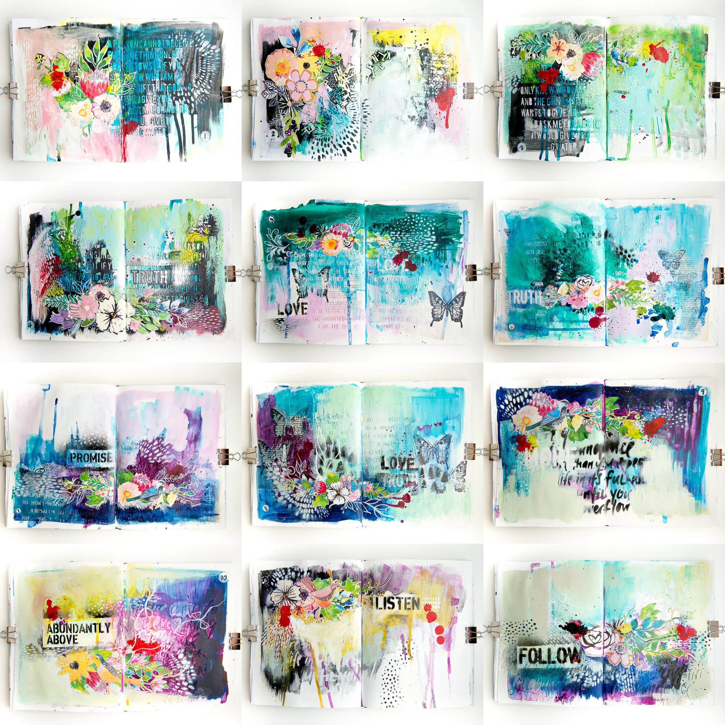 Collection of creative mixed media art journals with floral motifs, abstract designs, and motivational words like 'LOVE,' 'LISTEN,' 'FOLLOW,' and 'ABUNDANTLY ABOVE' on colorful backgrounds.