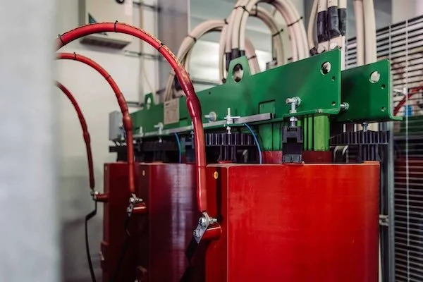 Industrielle elektrische Ausrüstung mit Kabeln, Schaltanlagen und Metallteilen in einer Fabrikhalle.