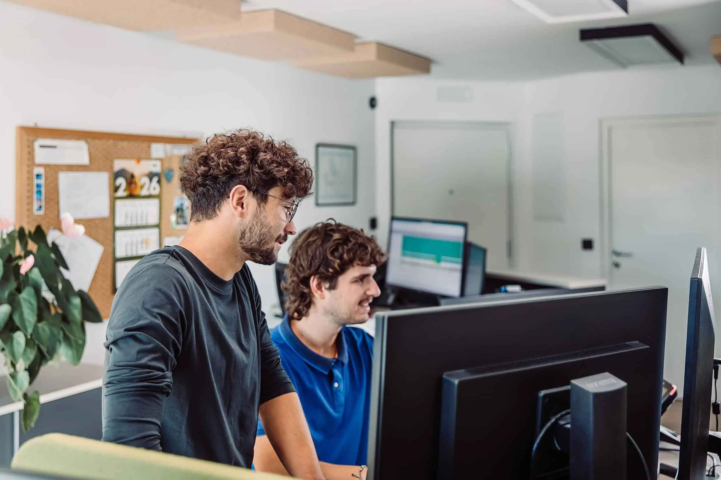 Drei junge Männer arbeiten an Computern in einem modernen Büro, sichtbare Pinnwand im Hintergrund, Pflanzen im Vordergrund.