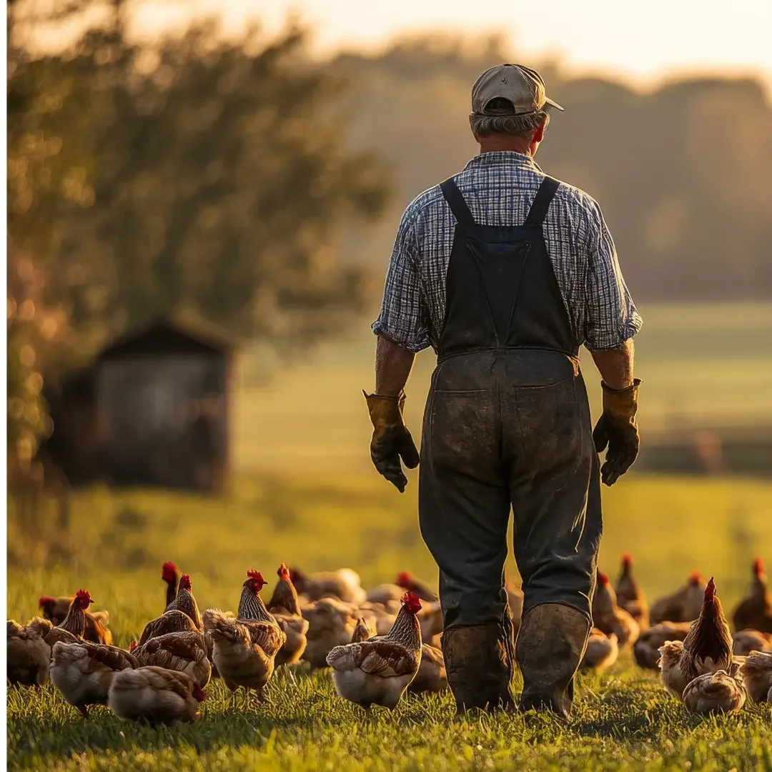 farmer walking through a field of chickens