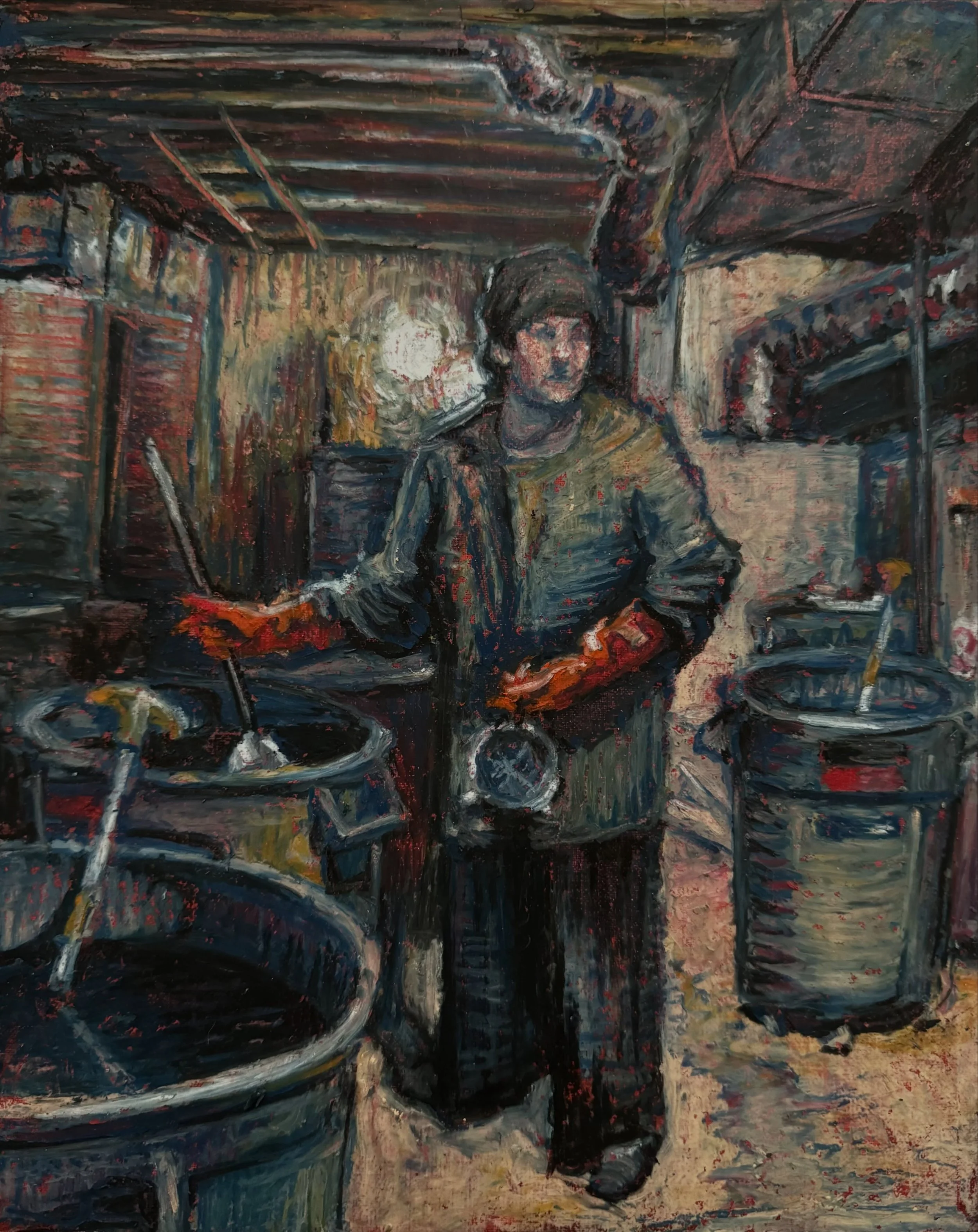 Painting of my mother dying clothing for our family business, @thesilversquirrelpatchwork at the ren faire. Basement workshop full of makeshift dye vats - large dye filled garbage cans that get stirred with oars. You could say this where the magic ha