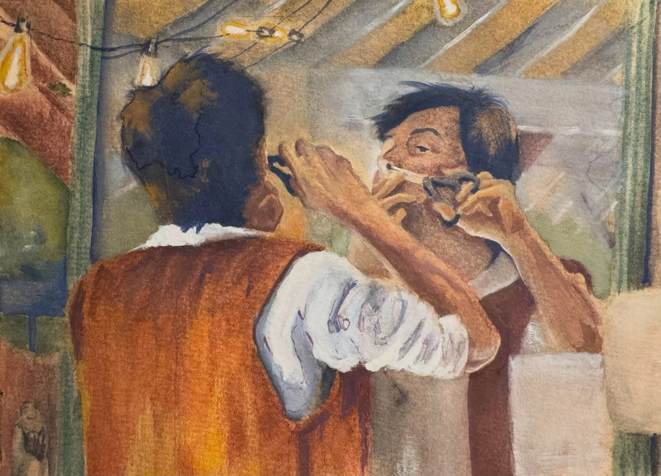 Don&rsquo;t run with scissors - but it&rsquo;s ok to stick &lsquo;em up your nose. 
Sketch of my friend getting ready to to work a day of ren faire

5.5&rdquo; x 8&rdquo;, watercolor and gouache
2026

#renaissancefestival #ohiorenfest #gouache #water