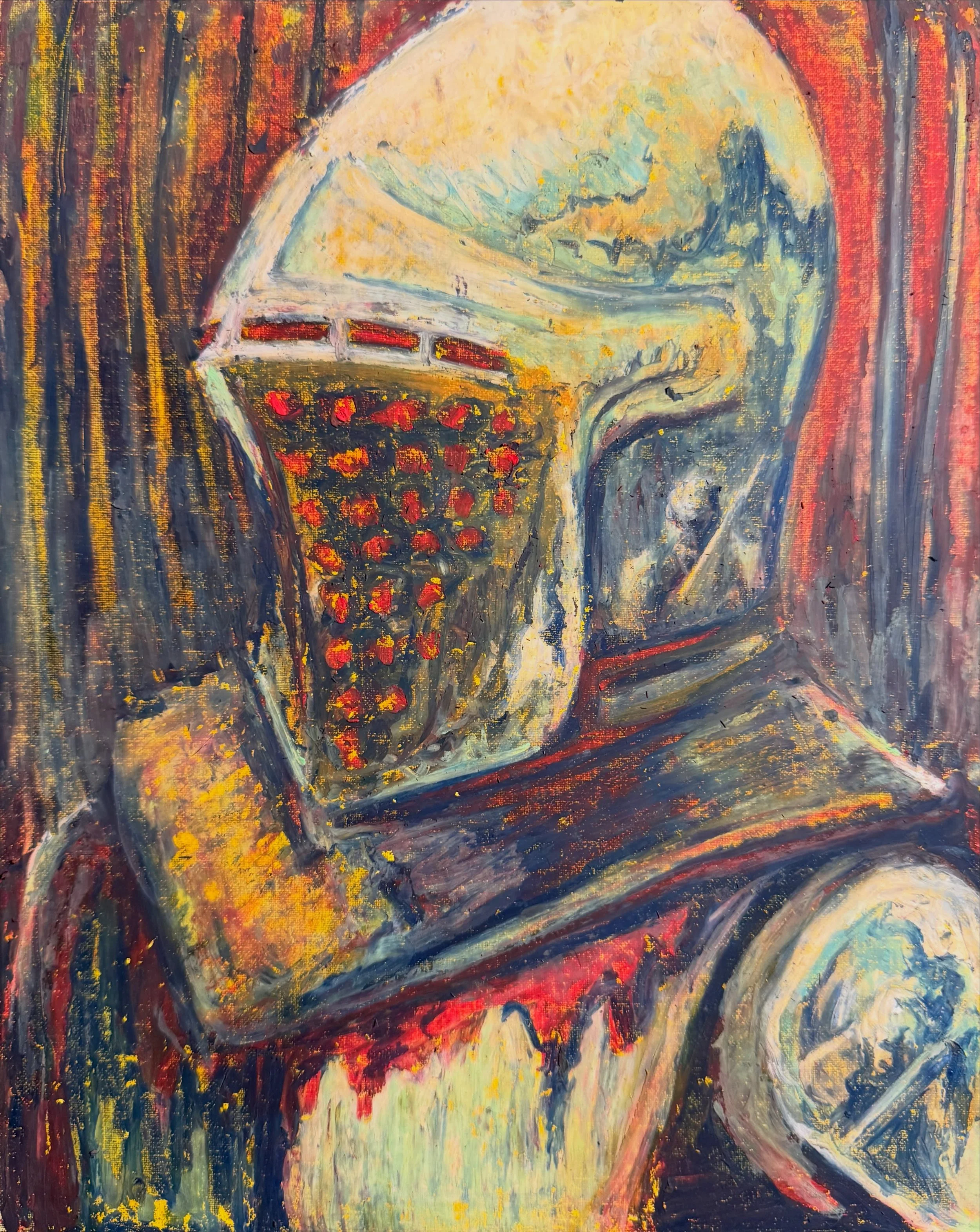 Oil pastel sketch of an armored combatant. Personally, I think it looks better deep fried in the photo editor. 

8&rdquo; x 10&rdquo; oil pastel
2026

#oilpastel #renfaire #expressionism