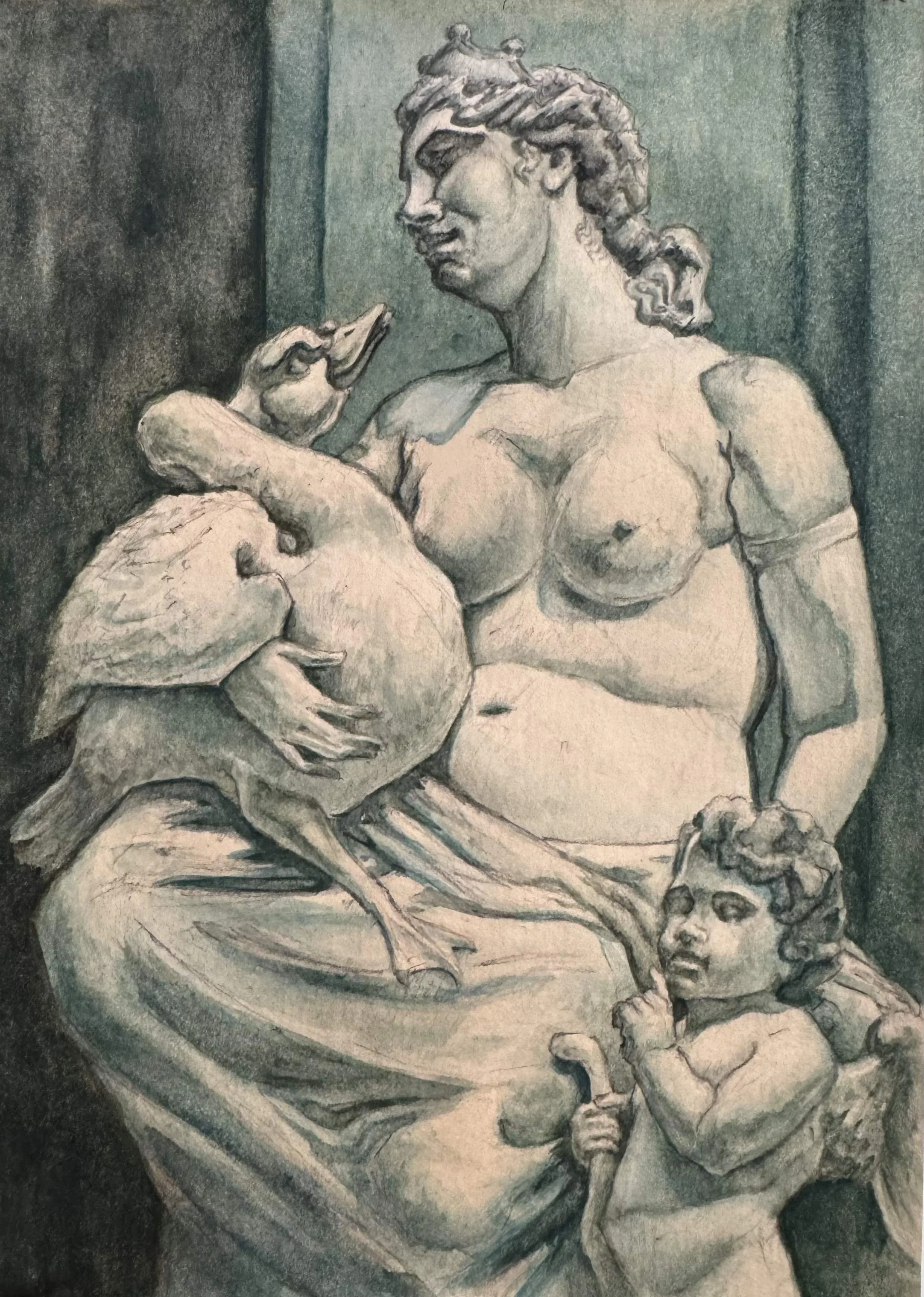 Leda and the Swan - 5.75" x 8", watercolor, 2025