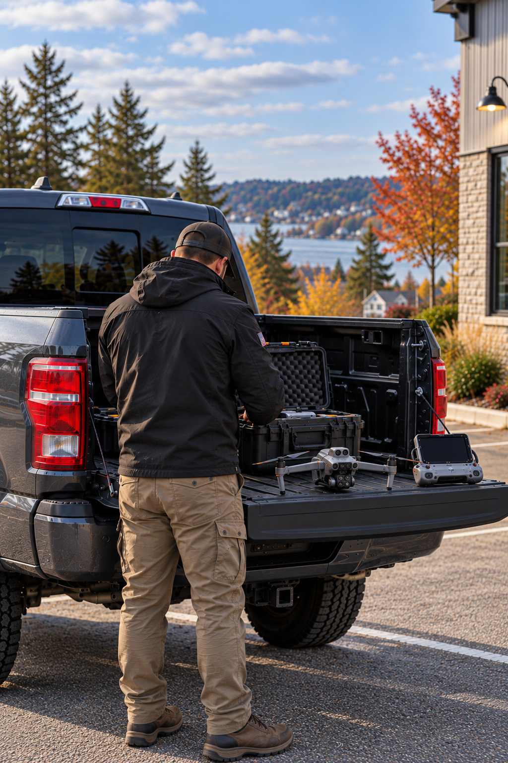 Illustrative image of a thermal inspection professional preparing drone equipment at the tailgate of a pickup truck, with autumn foliage and a Maine waterfront in the background.
