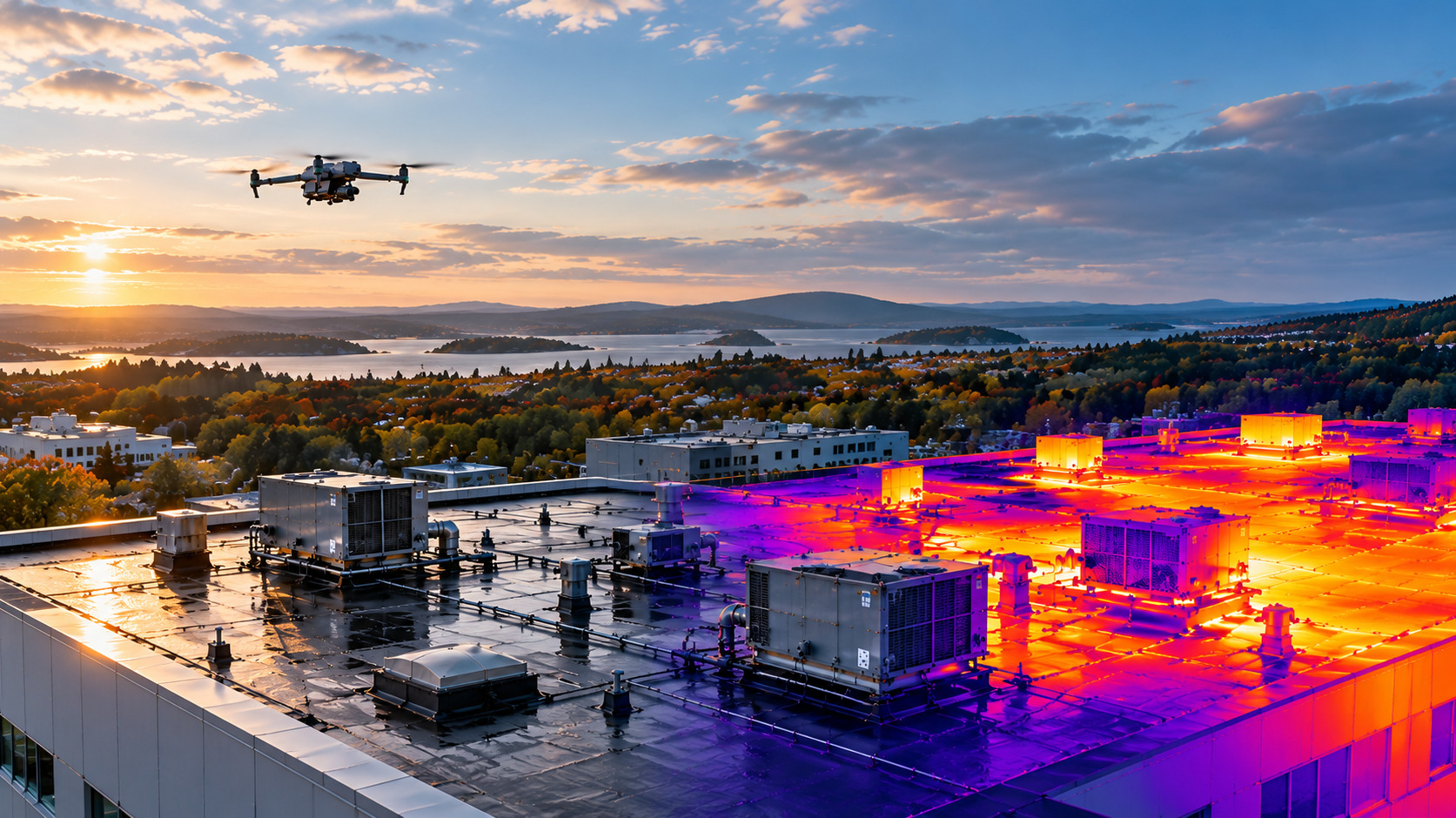 Aerial drone overlooking a Maine landscape at sunset, with a commercial rooftop transitioning into a thermal imaging visualization.