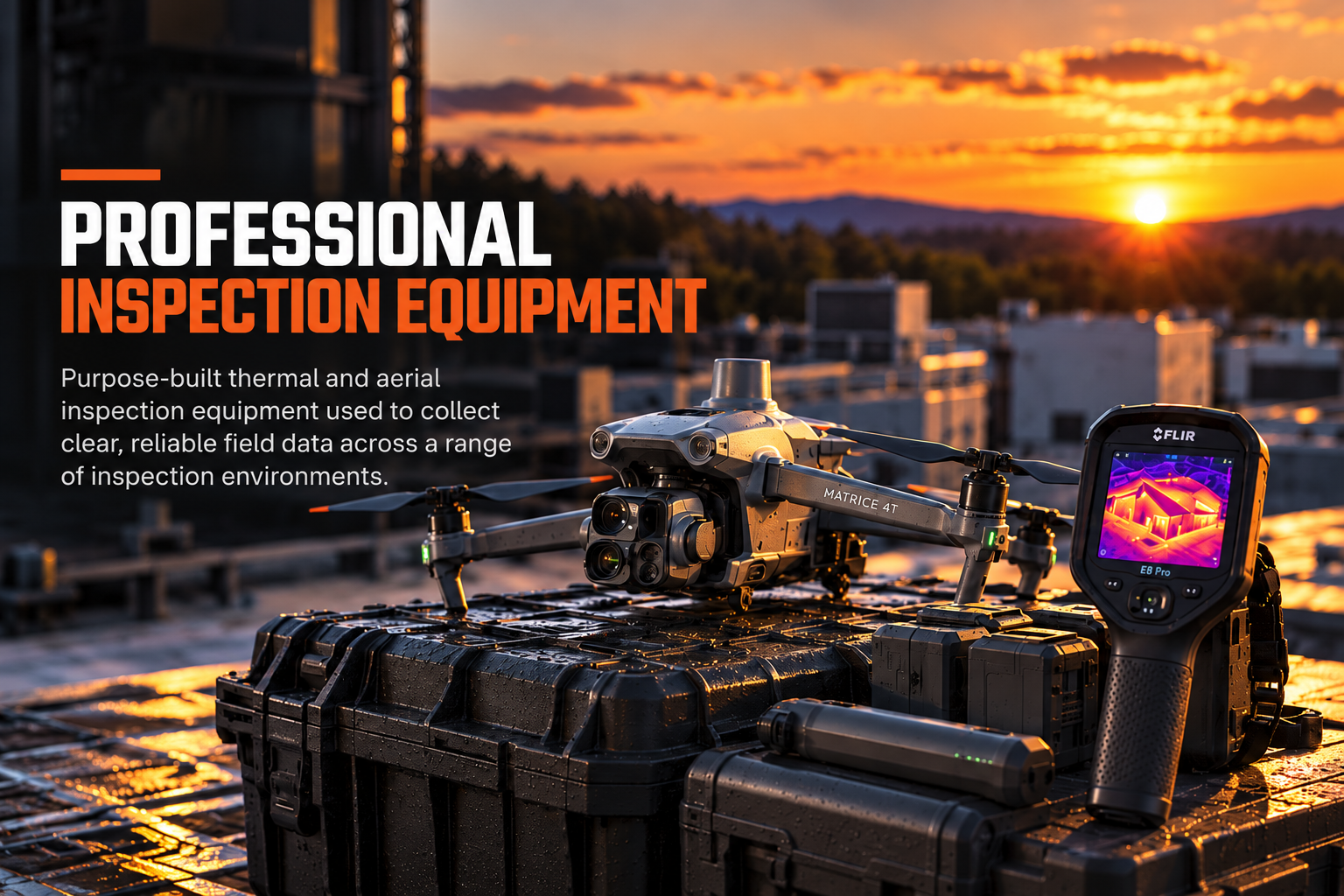 Illustration of professional thermal inspection equipment, including a DJI Matrice 4T drone, FLIR E8 Pro handheld thermal camera, and protective equipment cases on a commercial rooftop.