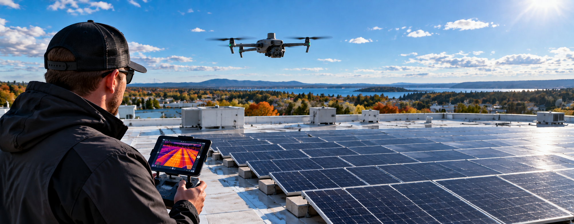 Illustration of a drone operator conducting an aerial thermal inspection of rooftop solar panels using a thermal imaging drone in Maine.