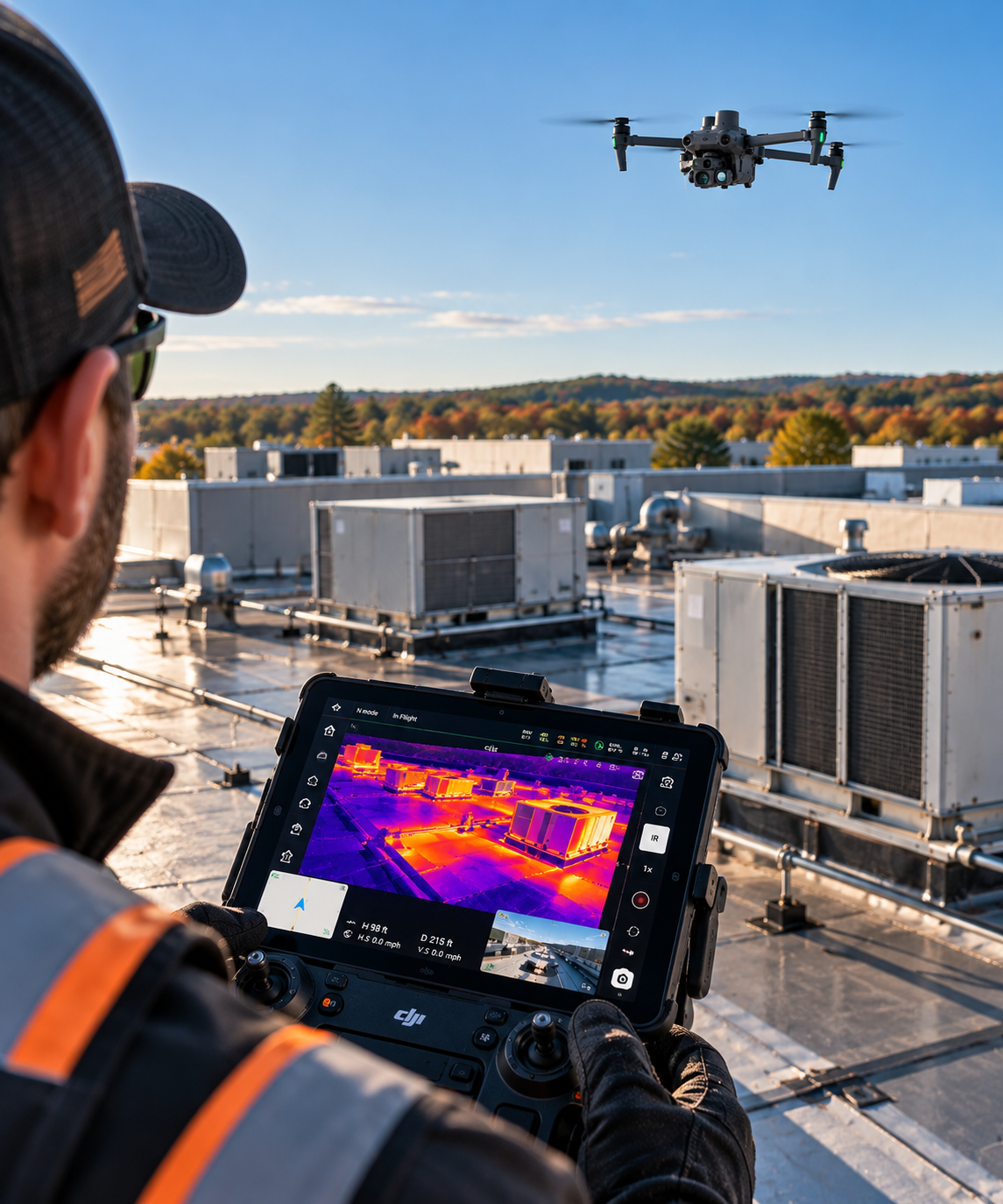 Illustration of a drone operator conducting an aerial thermal inspection of a commercial rooftop, viewing thermal imagery of rooftop equipment on a controller.