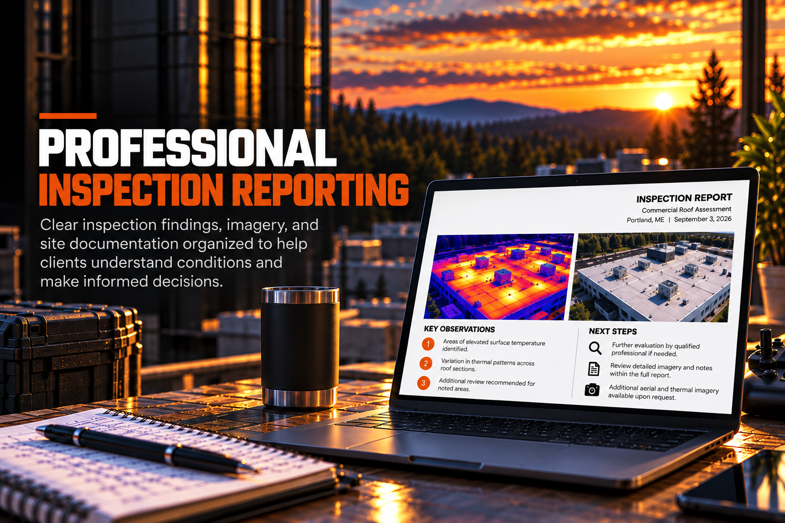 Illustration of a professional thermal inspection report displayed on a laptop, showing thermal and visible-light rooftop imagery, inspection observations, and recommended next steps.
