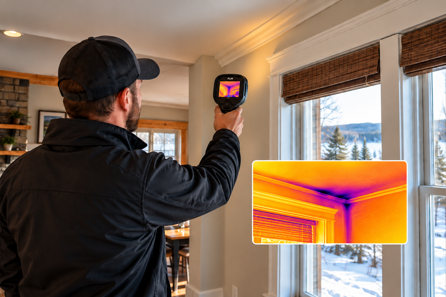 Illustration of an inspector using a handheld FLIR thermal camera to examine temperature differences around an interior window and ceiling corner, with an inset infrared view.