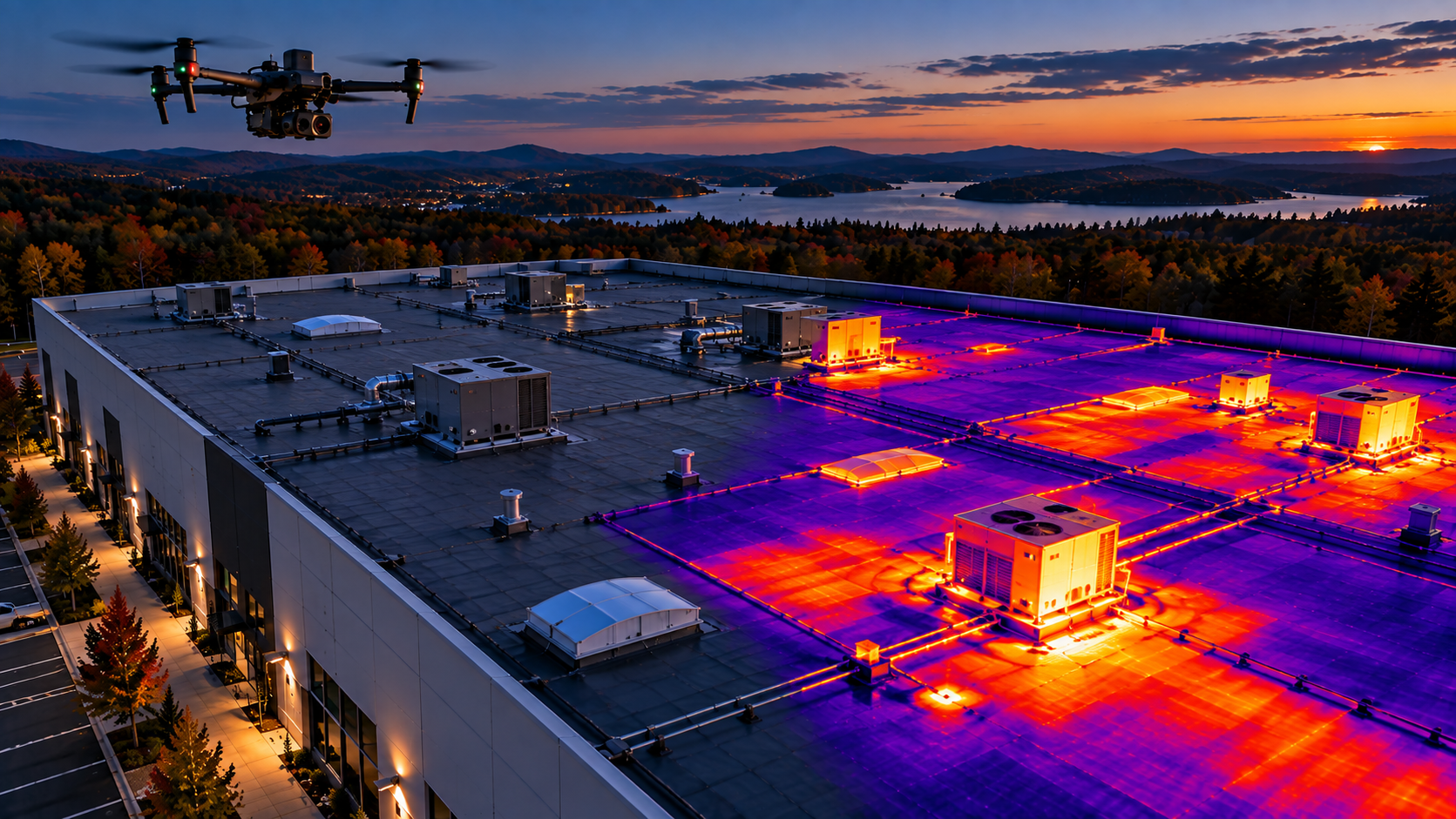 Illustration of a drone conducting a thermal inspection of a commercial rooftop at sunset, with a thermal imaging overlay highlighting temperature differences.