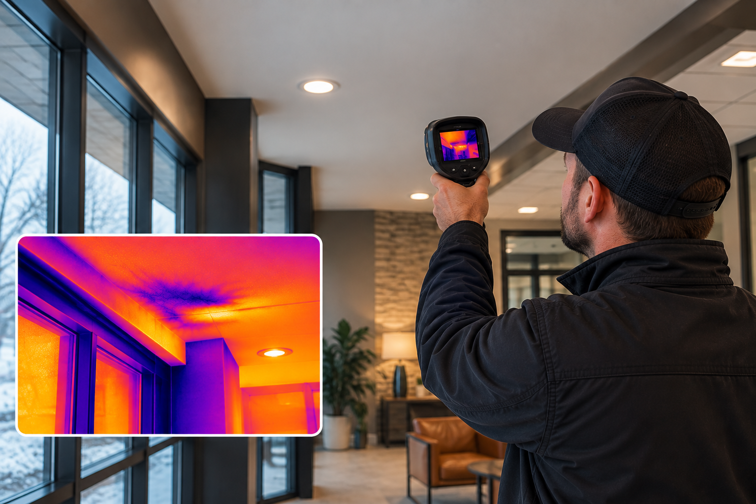 Illustration of an inspector using a handheld thermal camera to investigate possible water intrusion near a ceiling and window, with an infrared inset showing temperature variations.