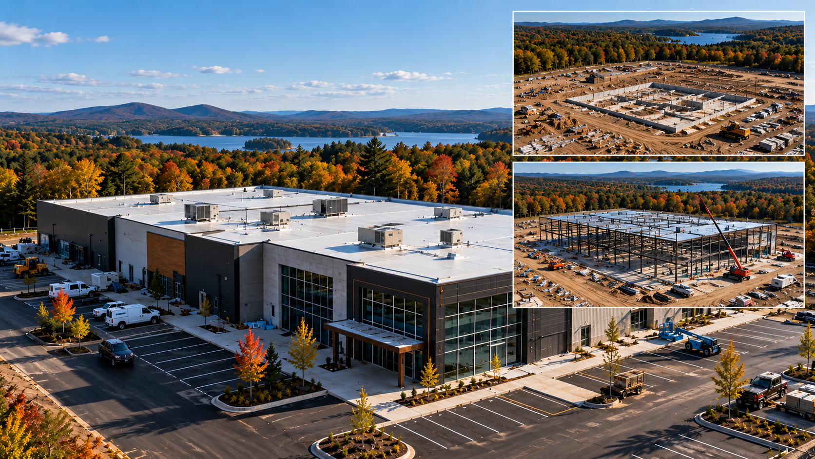 Illustration of a completed commercial building in Maine, photographed from an aerial perspective to represent construction progress and project documentation.