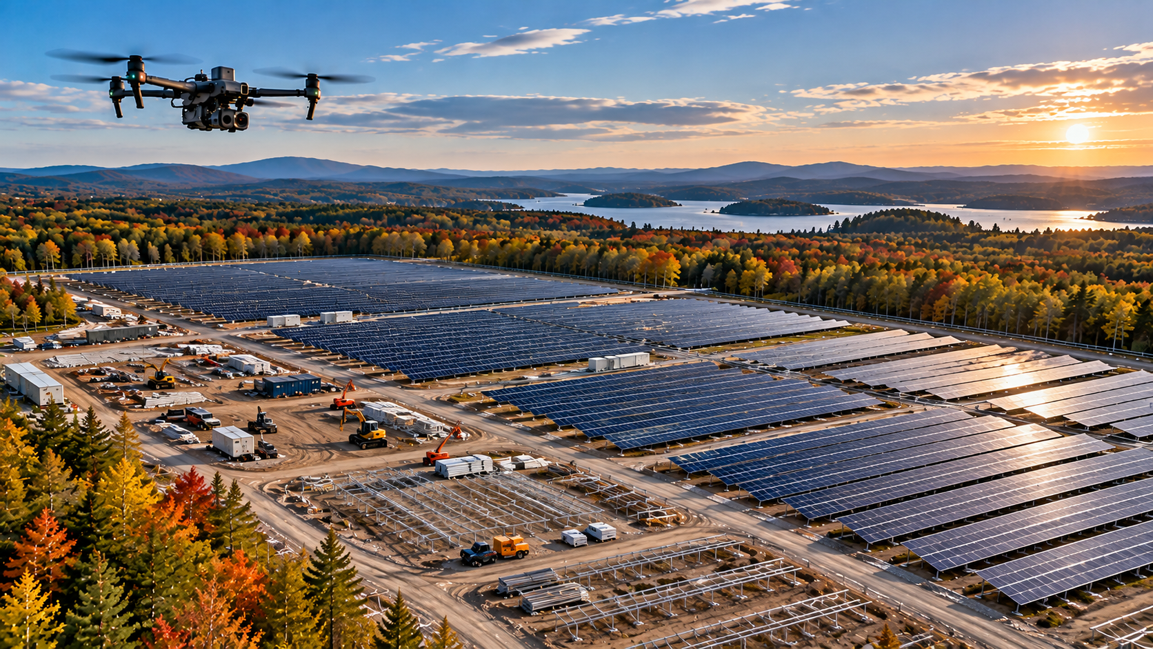 Illustration of a drone documenting solar farm construction progress with aerial imaging.
