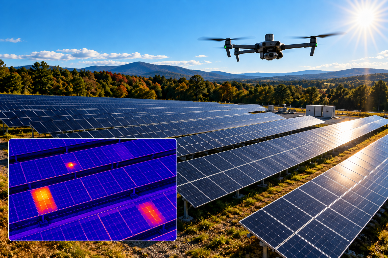 Illustration of a thermal imaging drone inspecting a ground-mounted solar array, with an infrared inset showing temperature variations across solar panels.