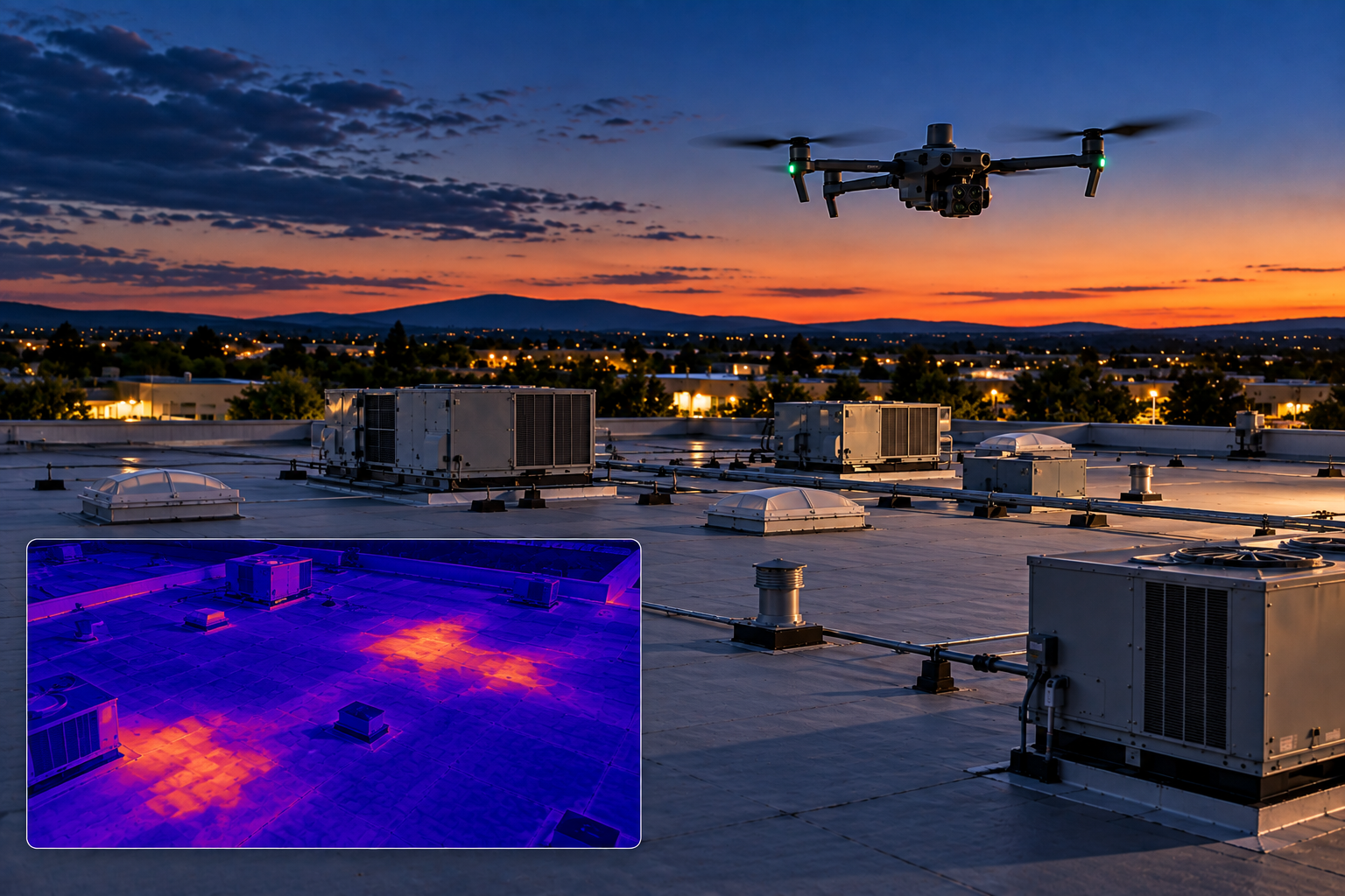 Illustration of a drone conducting a thermal inspection of a commercial flat roof at dusk, with an inset infrared image showing rooftop temperature variations.