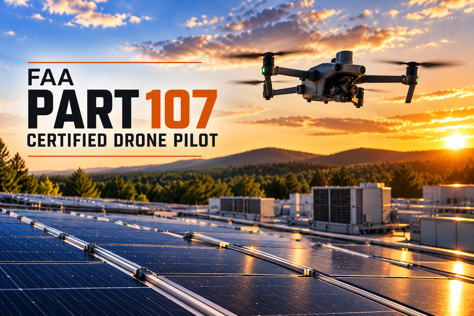 FAA Part 107 Certified Drone Pilot graphic featuring an illustrated inspection drone flying over a commercial rooftop with solar panels at sunset.